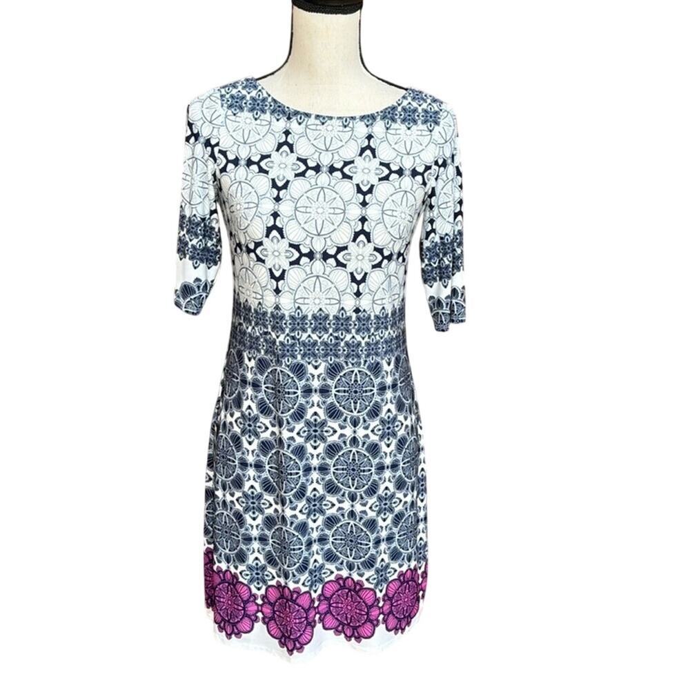 Eliza J Medallion Print Shift Dress Blue White Geometric Coastal Women's Size 2